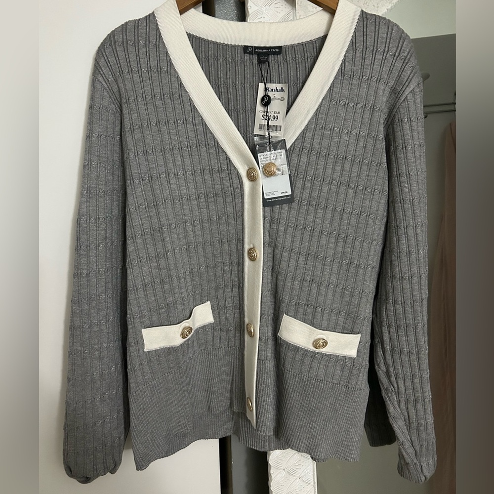 Beautiful White trim Grey cardigan with Gold buttons